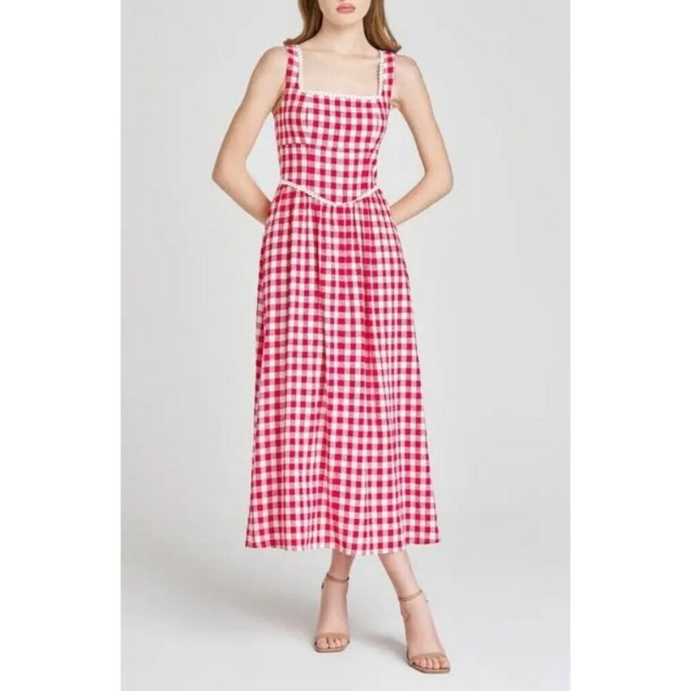 πWAYF x Styled Coco!π Gracie Gingham Linen-Blend Midi Dress Red Gingham XL NWT - Picture 6 of 16